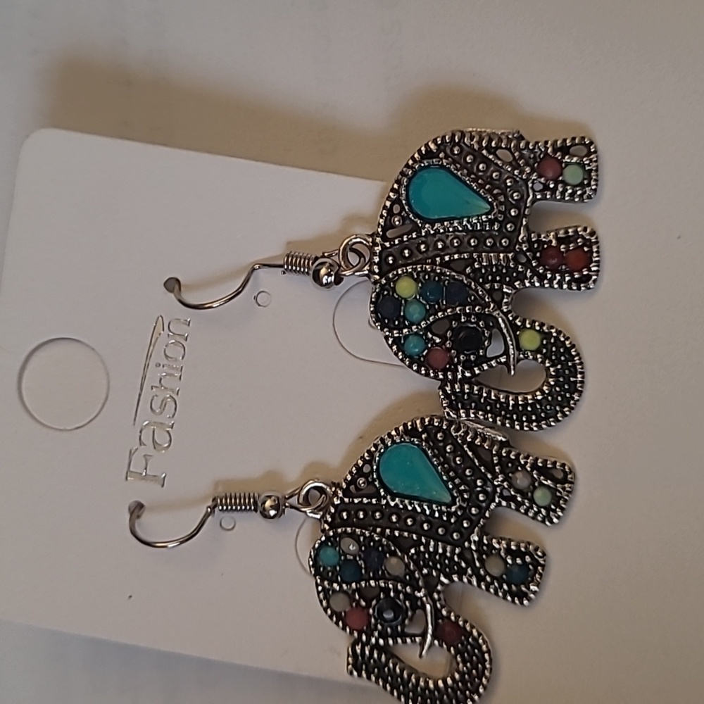 Elegant Silver and  Multicolor Dangle Elephant Earrings - Picture 2 of 6